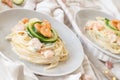 Lunguini shrimps and zucchini with cream Royalty Free Stock Photo