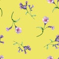 Lungwort medicinal plant watercolor seamless pattern isolated on yellow background. Pulmonaria officinalis purple useful