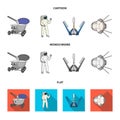 Lunokhod, space suit, rocket launch, artificial Earth satellite. Space technology set collection icons in cartoon,flat Royalty Free Stock Photo