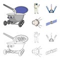 Lunokhod, space suit, rocket launch, artificial Earth satellite. Space technology set collection icons in cartoon Royalty Free Stock Photo