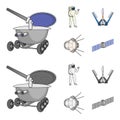 Lunokhod, space suit, rocket launch, artificial Earth satellite. Space technology set collection icons in cartoon