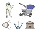 Lunokhod, space suit, rocket launch, artificial Earth satellite. Space technology set collection icons in cartoon style Royalty Free Stock Photo