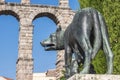 Lupa Capitolina statue at the foot of Aqueduct of Segovia