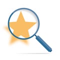 Magnifying glass and star shape icon in flat style. Search loupe at white background