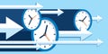 Time forward. Fast decision. 3D clock icon, right arrow, timer on a blue background. Time management. Lots of pointers. Business v