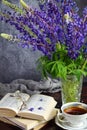 Lupine and old book. Still life with purple flowers bouquet in vase Royalty Free Stock Photo