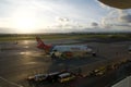 LUQA, MALTA - JAN 04, 2020: Airplane of the national airline of Malta at the gate of the International Airport at sunset