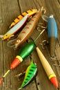 Lures for pike fishing on wooden Royalty Free Stock Photo