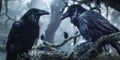 Lurking in the shadows behind the miner a pair of ravens perch on a gnarled tree branch their dark feathers matching his