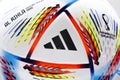 A Macro Close up to a logo of an Adidas Al Rihla Football. Concept: 2022 FIFA World Cup Qatar Royalty Free Stock Photo