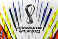 A Macro Close up to a logo of a 2022 FIFA World Cup Qatar Adidas Al Rihla Football Royalty Free Stock Photo