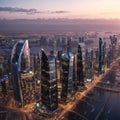 Lusail, Qatar- 18 : The beautiful newly developing city with many skyscrapers, shot during sunrise made with