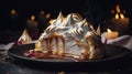 Luscious Baked Alaska: A Magazine-quality Shot Of A Meringue Dessert With Caramel And Roses