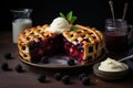 Luscious berry pie with melting ice cream, a tempting dessert treat.