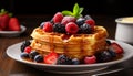 Luscious berry topped waffles that will leave viewers craving a sweet and satisfying treat
