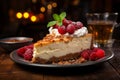Luscious cheesecake adorned with juicy fresh raspberries, elegantly presented on a dark plate within the cozy ambiance of a rustic