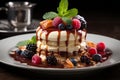 Luscious cheesecake served with a variety of berries and caramel drizzle Royalty Free Stock Photo