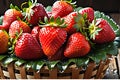 A Luscious Close-Up of Strawberries Glistening with Droplets of Water, Nestled in a Woven Basket, Vibrant Red Allure Royalty Free Stock Photo