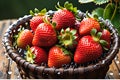 A Luscious Close-Up of Strawberries Glistening with Droplets of Water, Nestled in a Woven Basket, Vibrant Red Allure Royalty Free Stock Photo