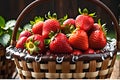 A Luscious Close-Up of Strawberries Glistening with Droplets of Water, Nestled in a Woven Basket, Vibrant Red Allure Royalty Free Stock Photo