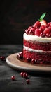 Luscious dessert Red Velvet Cake on dark background, ample text space