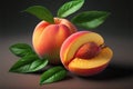 Luscious fresh ripened peaches with leaves