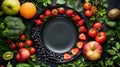 Luscious fruits and crisp vegetables elegantly frame an empty black plate, setting the stage for a Royalty Free Stock Photo