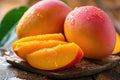 Luscious mango, smooth and vibrant, its orange flesh dripping with delicious juice, Ai Generated Royalty Free Stock Photo