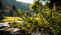 Closeup of olive branch full of olives in the mountains. Olive tree in the sun. Olive branch. Mountain landscape