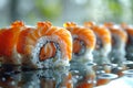Luscious Salmon Sushi Topped with Orange Roe Exquisite Taste and Presentation, Menu Restaurant