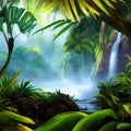 Lush Amazonian jungle with waterfalls and a raging river. Fantasy forest Royalty Free Stock Photo
