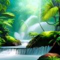 Lush Amazonian jungle with waterfalls and a raging river. Fantasy forest Royalty Free Stock Photo