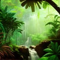 Lush Amazonian jungle with waterfalls and a raging river. Fantasy forest Royalty Free Stock Photo