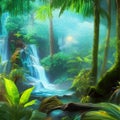Lush Amazonian jungle with waterfalls and a raging river. Fantasy forest Royalty Free Stock Photo