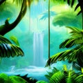 Lush Amazonian jungle with waterfalls and a raging river. Fantasy forest Royalty Free Stock Photo