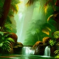 Lush Amazonian jungle with waterfalls and a raging river. Fantasy forest Royalty Free Stock Photo