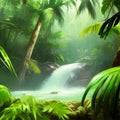 Lush Amazonian jungle with waterfalls and a raging river. Fantasy forest Royalty Free Stock Photo