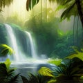 Lush Amazonian jungle with waterfalls and a raging river. Fantasy forest Royalty Free Stock Photo