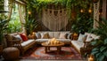 Bohemian Plant-Filled Sunroom: Cozy Indoor-Outdoor Living Space Decor Royalty Free Stock Photo