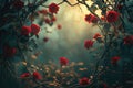 Lush bokeh forest with light rays. Intricate creative floral frame with red roses Royalty Free Stock Photo