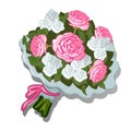 A lush bouquet of flowers tied with pink ribbon isolated on white background. Vector cartoon close-up illustration.
