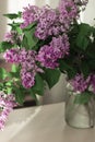 Lush bouquet of lilacs in a glass jar instead of a vase. Home atmosphere