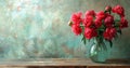 A lush bouquet of red peonies in a clear vase on a wooden surface