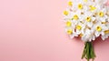 Lush bouquet of white-yellow daffodils isolated on pink background. Tender minimalistic spring flowers composition. Generative AI Royalty Free Stock Photo