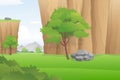 Beautiful valley landscape, lush canyon with green field and trees, vector illustration.
