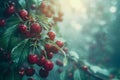 Lush Cherry Orchard with Sun Flare Fresh Ripe Cherries on Tree Branches in Misty Morning Light, Nature Harvest Concept Royalty Free Stock Photo