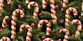 Lush Christmas vector pattern featuring classic candy canes and evergreen pine branches for wrapping paper and holiday fabrics Royalty Free Stock Photo