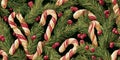 Lush Christmas vector pattern featuring classic candy canes and evergreen pine branches for wrapping paper and holiday fabrics Royalty Free Stock Photo