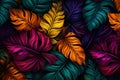 Lush colorful tropical leaves, dark