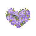 Lush composition in a heart shape out of small violets. Vector illustration on white background.